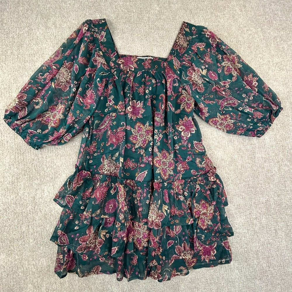 Band of the Free Mandy Dress Womens XS Pine Berry Paisley Floral Ruffled Hem